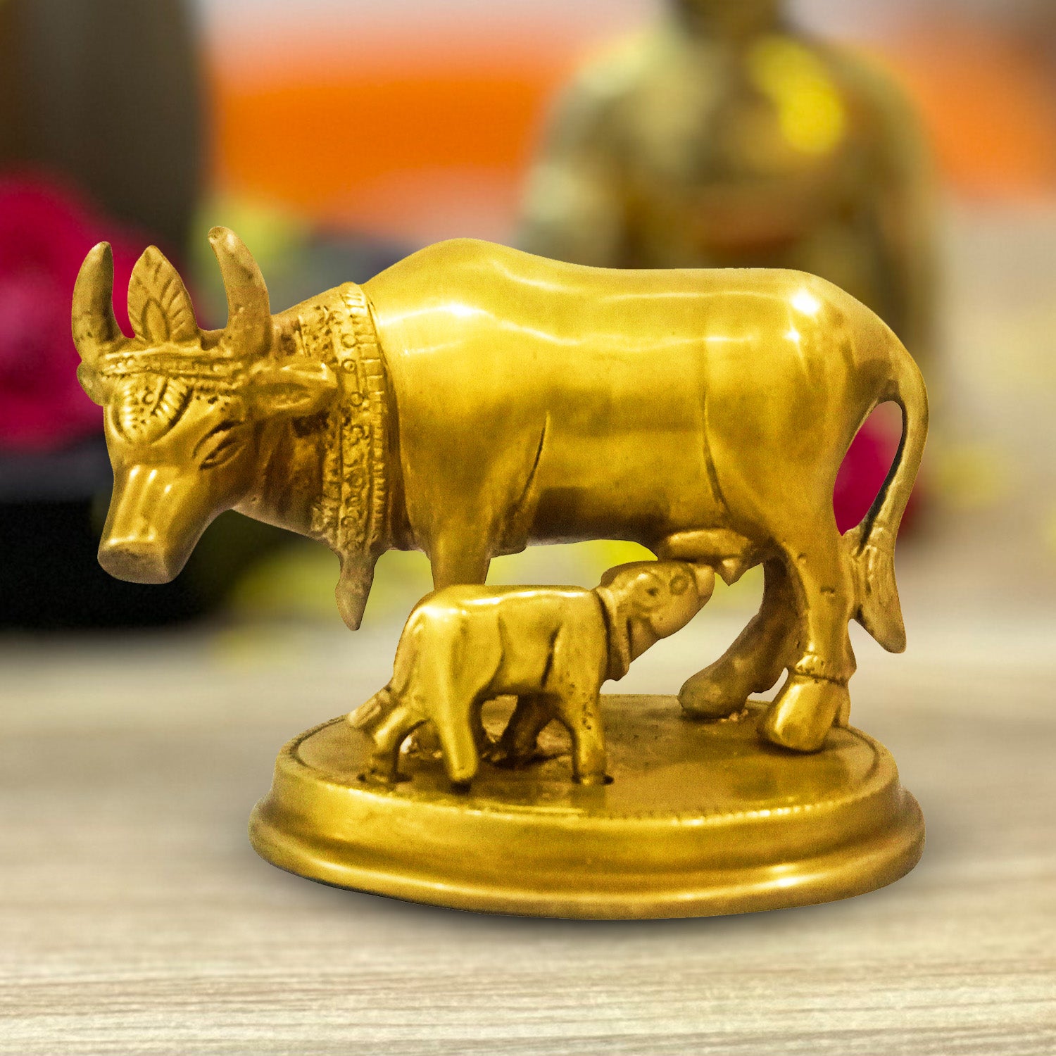 BRASS KAMDHENU COW AND good CALF IDOL FIGURINE