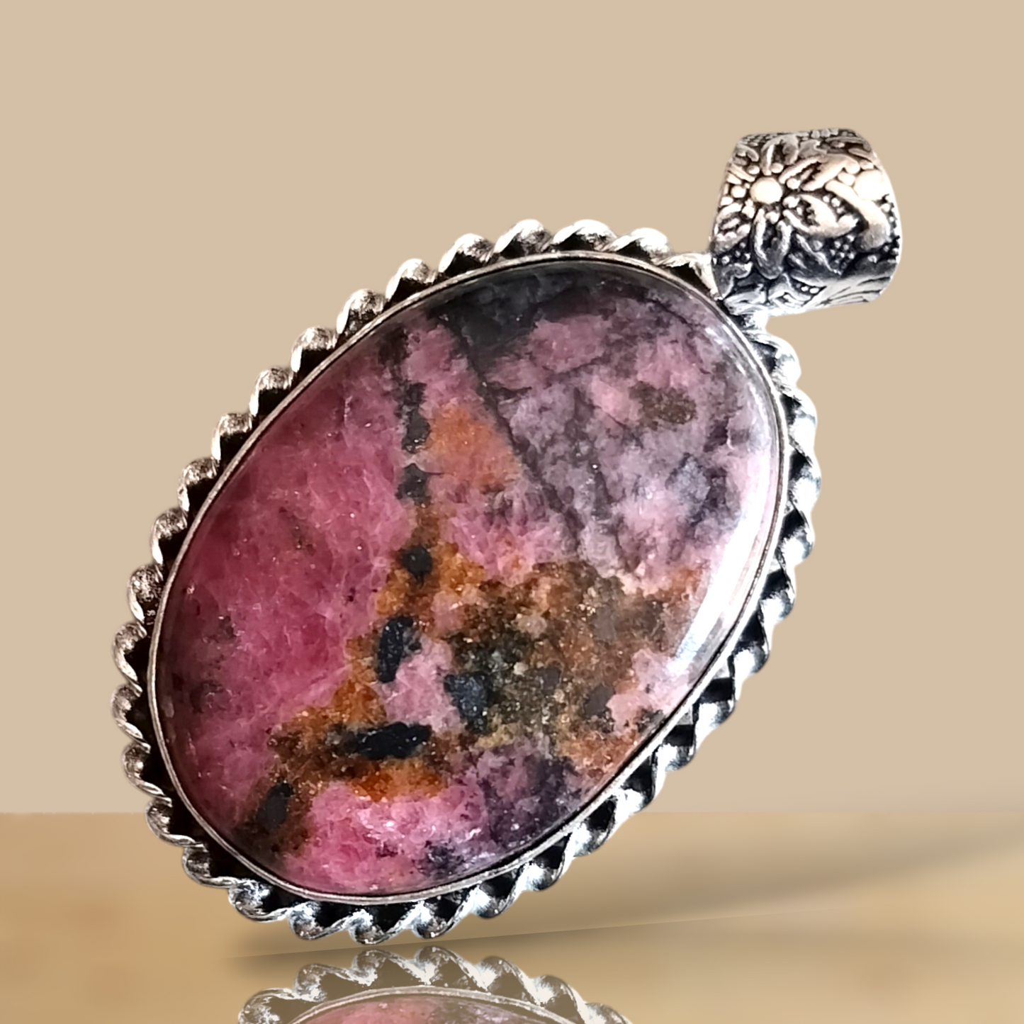 Pendant Rhodonite (Rescue Stone) Oval Shaped Gemstone Pendant (2 Inches Length)