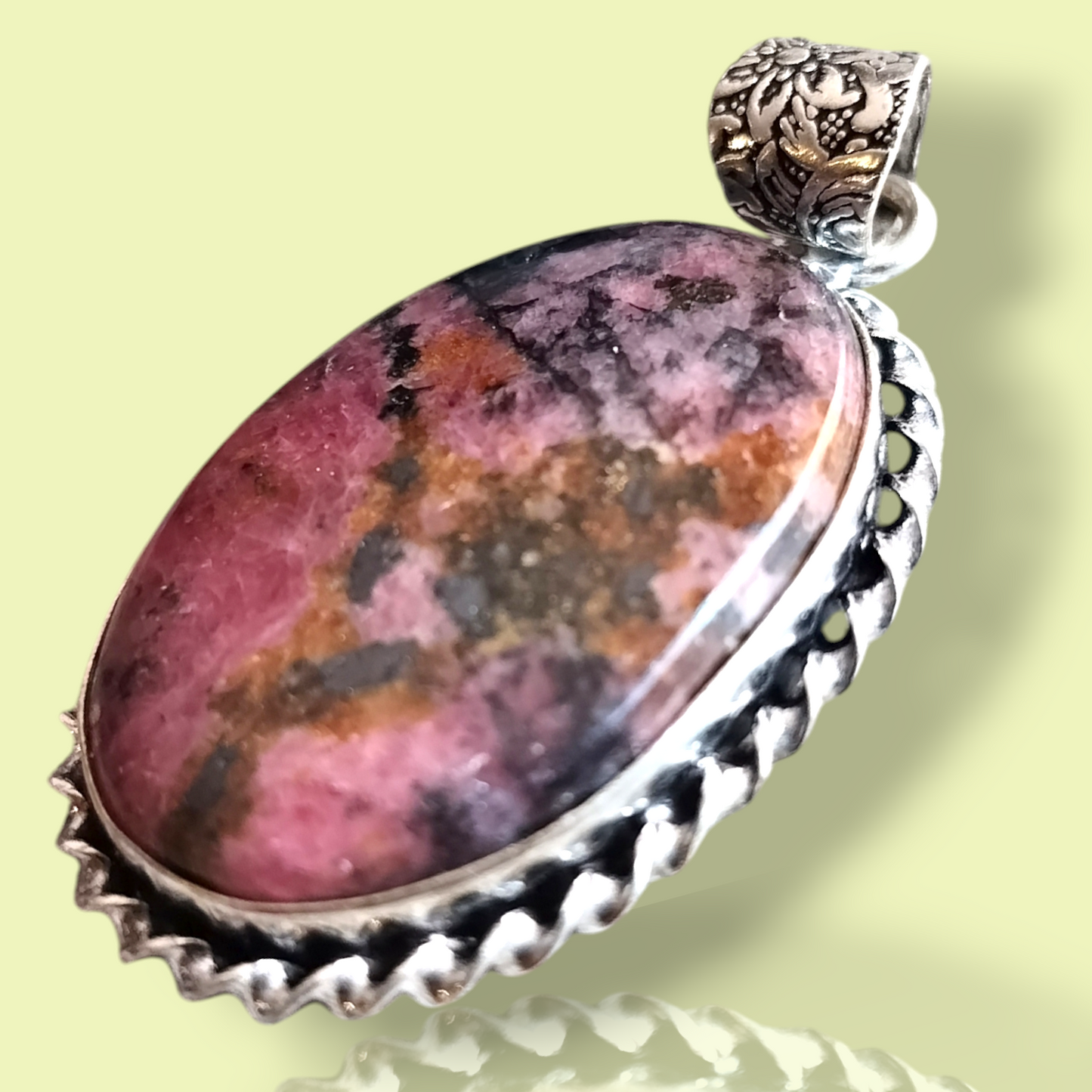 Pendant Rhodonite (Rescue Stone) Oval Shaped Gemstone Pendant (2 Inches Length)