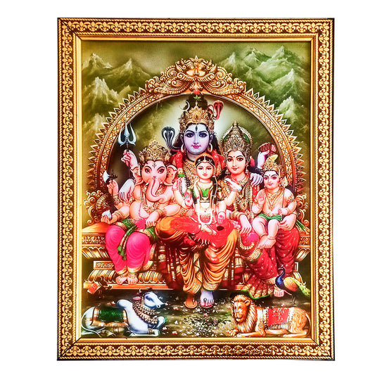 Lord Shiva Pariwar (Shiv Shankar, Maa Parvati, Ganesh, Karthik, Bala Tripura Sundari Devi) Photo Frame for Temple Home Office (10 Inches x12.5 Inches)